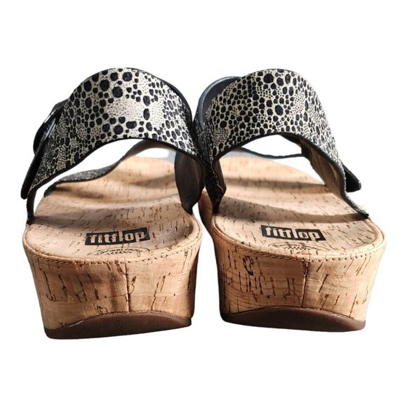 Fitflop Sandals Black White 10 Leather Open Toe Ankle Strap Cork Platform Wedge - Picture 5 of 8